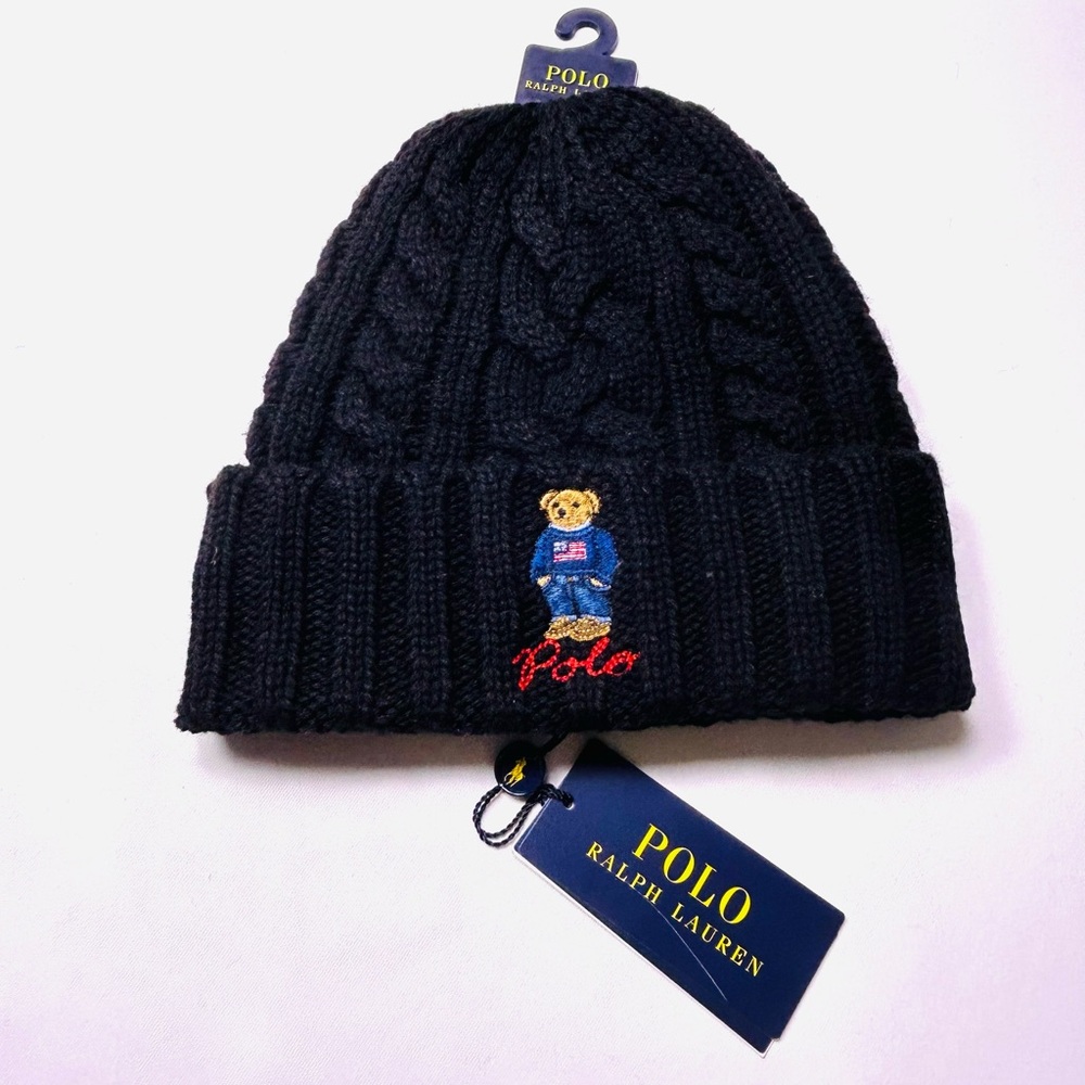 NWT 🧸Ralph Lauren AMERICAN POLO BEAR CABLE-KNIT Wool Beanie in Aviator Black - Picture 1 of 5